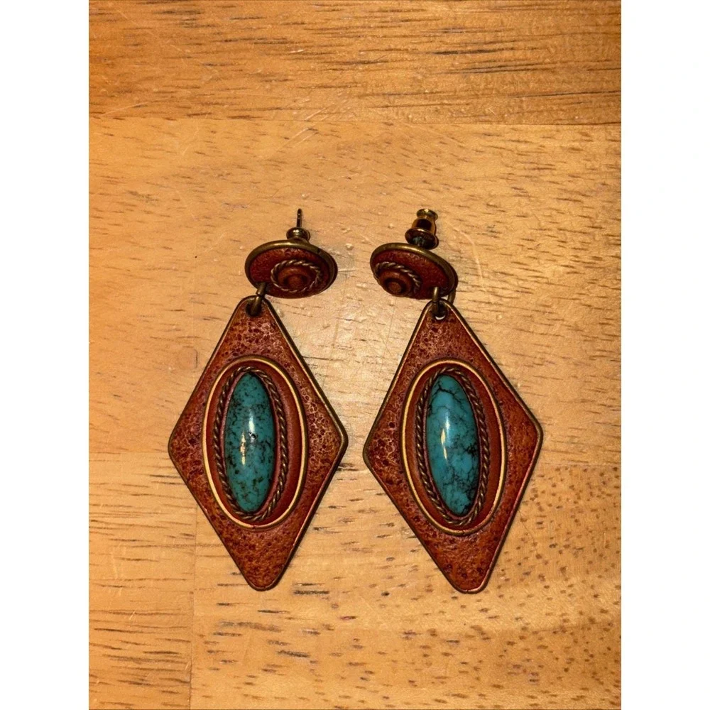 Rare Southwest Style Faux Turquoise Leather Look Dangle Vintage Pierced Earrings